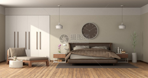 现代的棕色内部现代主卧室配有皮革双床日和内置衣柜的现代主卧室3D制现代主卧室兼皮革双床图片