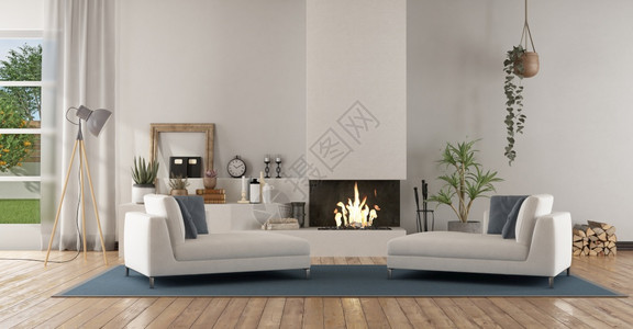 窗帘家具水平的白色现代客厅配有壁炉和两间吉祥休息室3D制成白色现代客厅和壁炉图片