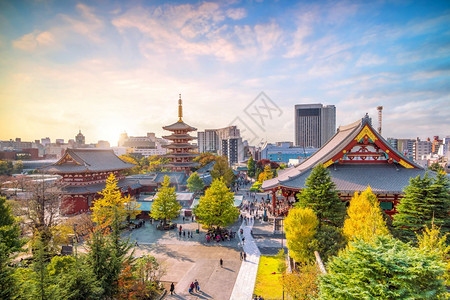 从日本东京浅草区最顶端看森素次寺庙宝塔老的神社图片