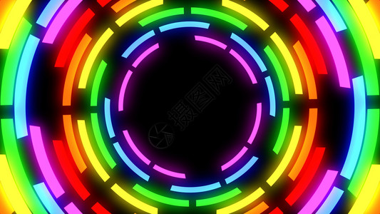 模糊3D以黑色背景的隧道洞为环形圆在黑色背景上旋转发光彩色圆环电的圈图片