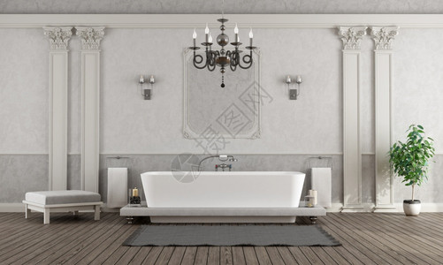 框架豪华白色和灰的家用浴室配有优雅缸3D制成豪华白色和灰家庭浴室墙复古的图片