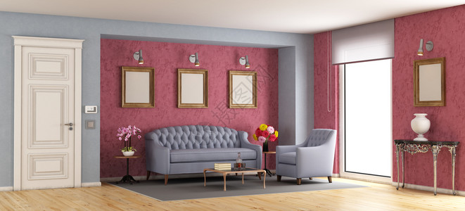 花瓶带有紫沙发和扶手椅的经典起居室3D建筑学内部的图片