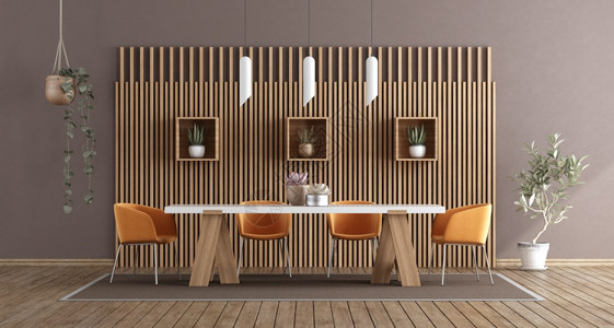 当代的现餐厅配有桌椅和以对抗木制面板3D为饭厅配有白桌椅和橙色子镶木地板装饰风格图片