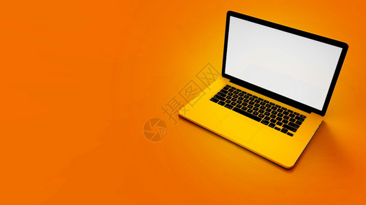 电子的以橙色背景隔离的现代黄色笔记本电脑系统药片图片