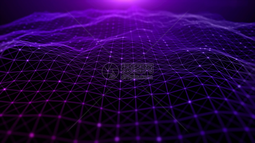 数字网络空间远期紫色微粒波与线条和点连接技术网络抽象背景3dflocation颜色海浪艺术图片