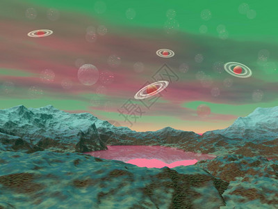 土星气泡绿色岩石山脉和盐土行星上小湖的粉红绿地图片