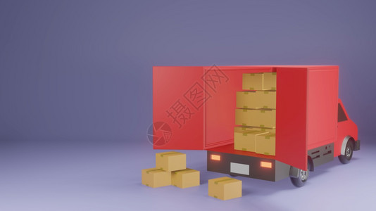 交通面包车红色底紫的箱子和红皮卡车的堆积量3d移动图片