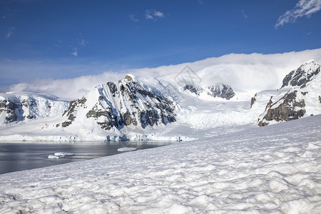 自由典型的南极风景山雪覆盖冰漂浮在海上孤独高的图片