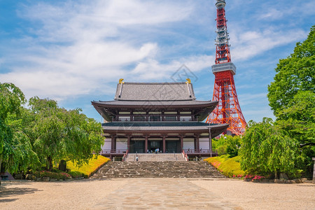 寺庙日本的左济和东京塔景观地标老的图片