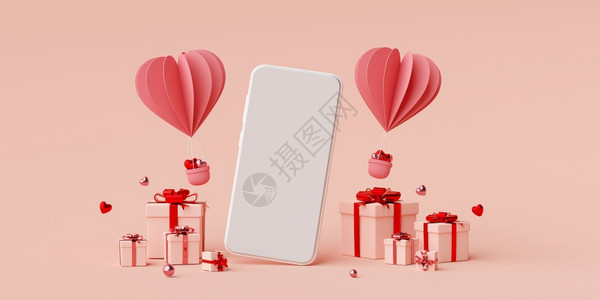 婚礼生日配有品盒和心形气球的智能手机背景3D投影器装饰图片