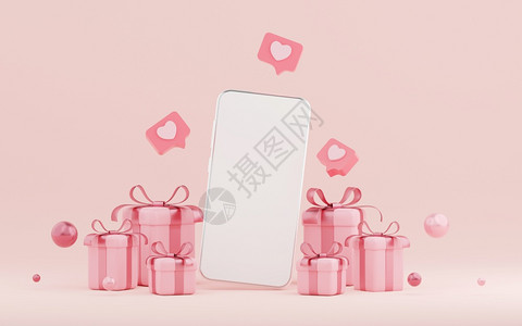 邀请玫瑰海报华伦人节标语智能手机背景带礼物盒的3D投影图片