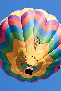 晴天从下面对着蓝色天空看到飞行中的彩色热空气球从下面看到飞行中的彩色热空气球航班颜色图片