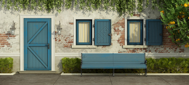 带蓝色门窗的老房子正面有旧砖墙蓝色门窗和长凳3d渲染古典蓝色的过去图片