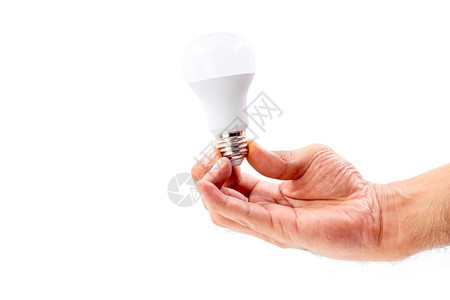 技术当代的人类手握着白底孤立的LED灯泡白色的图片