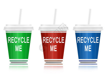 说明3个饮料容器的回收概念安排在白色上方并用意识茶点的图片