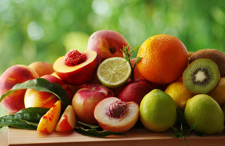 叶子柠檬木桌上的水果是成熟猕猴桃图片