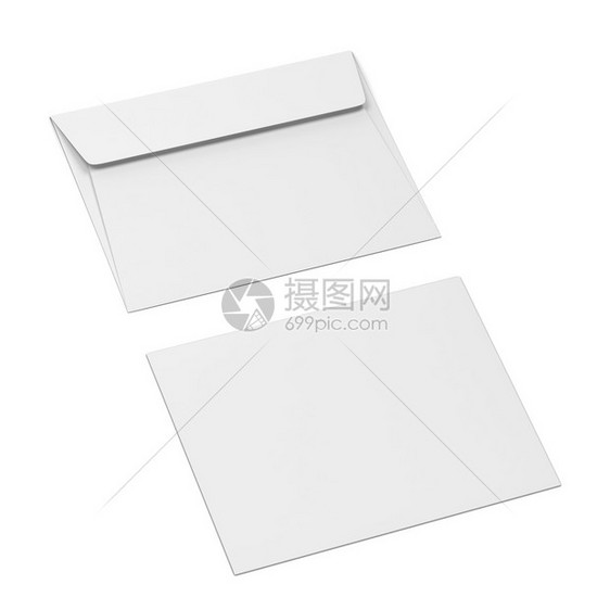 邮政品牌推广白色背景上孤立的空白纸信封模拟3d插图空白的图片