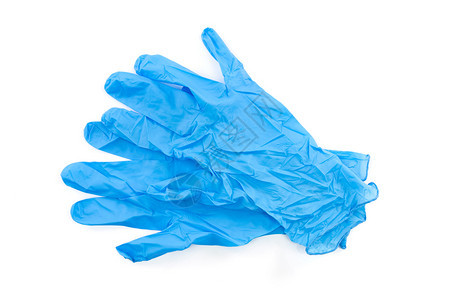 在白色背景上隔离的蓝色胶状医疗手套和实验室医生科学外图片