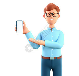 3D插图站立男子持有智能手机在屏幕上展示Closeup肖像画家微笑着的漫商人用手对着电话指积极的社会头像图片
