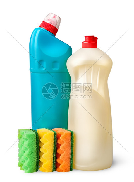消毒剂家政孤立在白色背景上的海绵和洗涤剂塑料图片