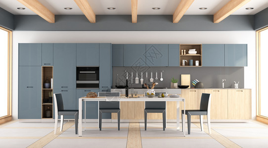 下沉架子建筑学配有餐桌和椅子的现代木制和蓝色厨房3D层图片