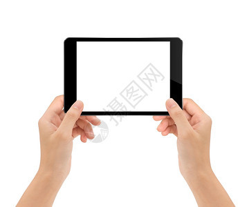 正面数字的女手上模拟平板电脑在白色剪切路径上被隔离在内部软垫图片