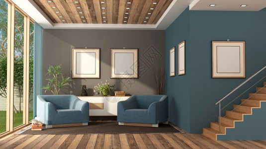 蓝色现代客厅配有楼梯军用椅子和侧板的蓝式现代客厅3D制成蓝色现代客厅配有楼梯空白的目房间图片