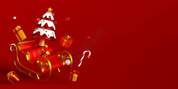 红色背景的圣诞装饰品3个雪橇插图横幅墙纸礼物形象的图片