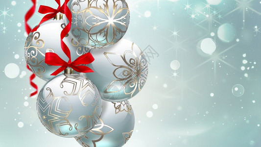 美丽的喜庆背景和两个圣诞球在一闪亮模糊效果的背面上辉光圣诞节丰富多彩的图片