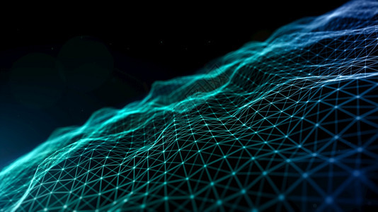 黑暗的数字网络空间未来的数字绿色和蓝的微粒波随着线条和点连接而流动技术网络抽象背景3d几何的现代图片
