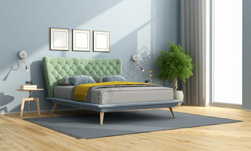 软垫双倍的水平带多彩双床蓝色墙壁和窗户3D的最小模范卧室中多彩的双人床图片