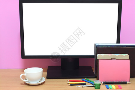 将笔记本电脑空白屏幕和书籍放在桌面上并有复制空间供您在工作中使用小样咖啡设计师图片