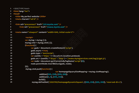 展示程序黑暗的简易网站HTML代码在深背景简单网站的浏览器视图中带有多彩标签的CHTML代码在黑暗浏览器视图中带有多彩标签图片