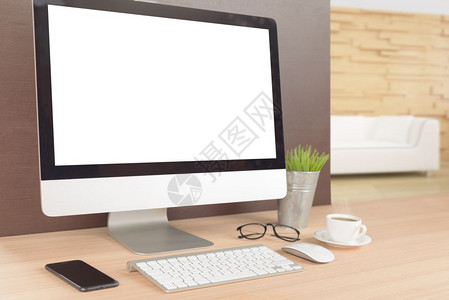 风格办公室商业工作桌上的台式电脑显示白屏透视角度图正面嘲笑背景