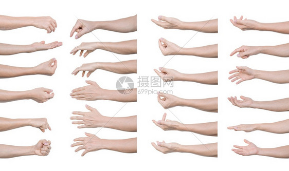 在白色背景与剪切路径隔离的多组人手势大学沟通亚洲图片