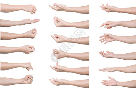 不同的手象征手腕推动在白色背景与剪切路径隔离的多组人手势背景