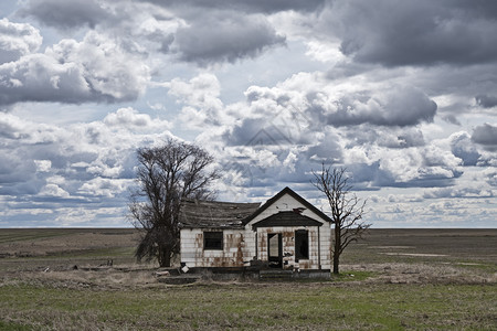 灰蒙农田之中在华盛顿东部Palouse地区的一片空旷无尽田野中一个旧农舍家园被孤立和遗弃这在阴云的一天里出现图片