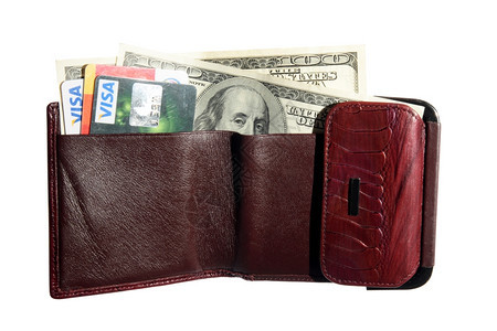 白种背景的钞票和信用卡全套袋货币皮革满的背景图片