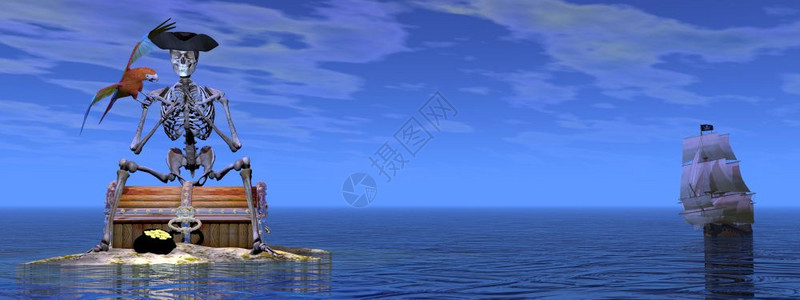 鹦鹉帽子一种3D让Skeleton海盗的宝藏3D让DDD把船停靠在海洋后面图片
