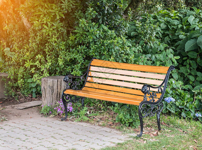 棕色的古老金属板凳清晨阳光照耀着植物园路旁的阳光途径白色图片