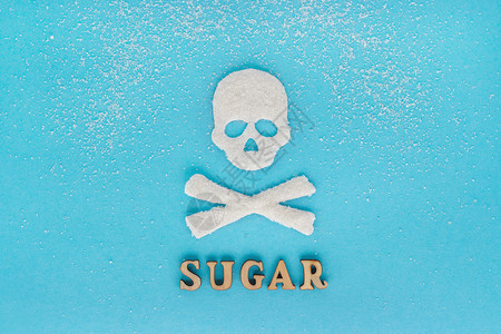 骷髅糖砂的散射文字蓝色背景概念更多的糖消耗杀死概念大量的糖杀死骷髅b有害疏散甜点图片