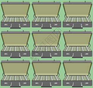 储蓄钱箱无缝图案成捆的钱满手提箱图片