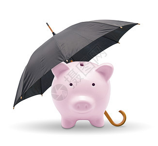 玩具退休黑色雨伞保护小猪银行孤立在白色上安全图片