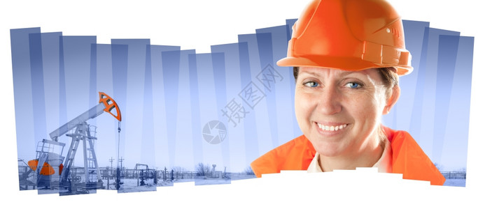 泵白色的身穿橙制服和戴头盔的女石油工人在拼贴背景上戴头盔在油田组合中的女工业人矿图片