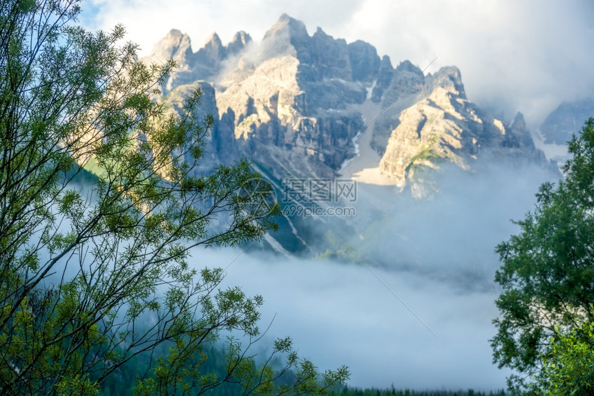 绿色树枝聚焦于前方的岩山和雾关注地貌的岩峰和雾以林为中心结石洛基夏天图片