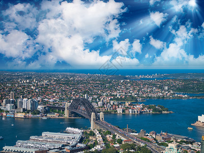 天线海澳大利亚城市标志悉尼港桥的空中观测澳大利亚拱图片