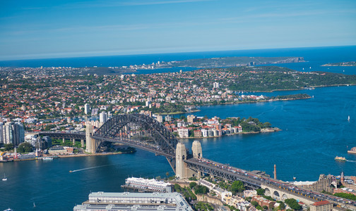 高架模糊澳大利亚城市标志悉尼港桥的空中观测澳大利亚港口图片