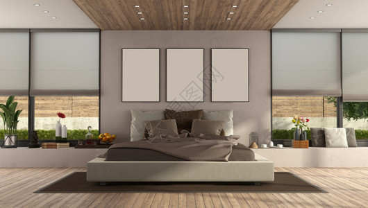 空白的家具居住现代主卧室有大型双床和窗户3D为现代主卧室提供大型双床图片