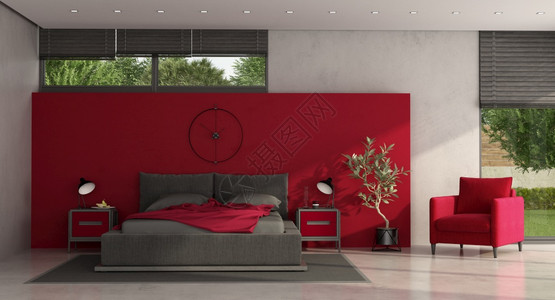 带双床夜架和扶手椅的最小红灰主卧室3D制成最起码的红灰主卧室灯花园软垫图片