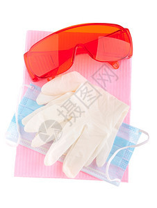 玻璃眼镜手套面具和薄膜以防止在白色上隔离的交叉感染防白保护的目已消毒图片